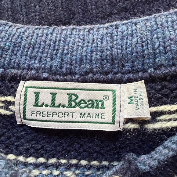 Vintage L.L. Bean Size M Navy Fair Isle Wool 90s Nordic Cardigan Sweater - Picture 6 of 15